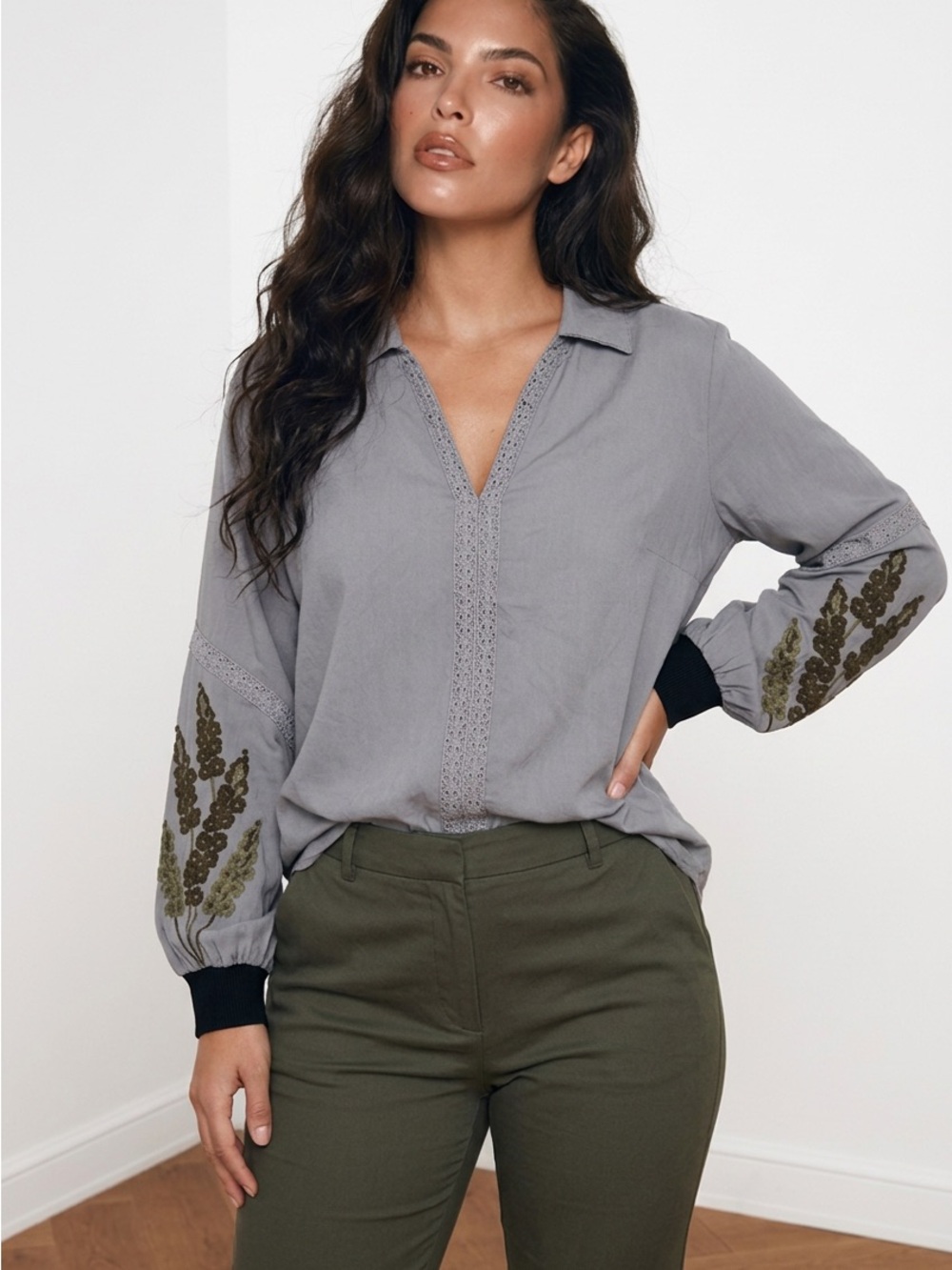 NU Denmark 21” PTP COTTON Women's Gray Embroidered Long-Sleeve Blouse